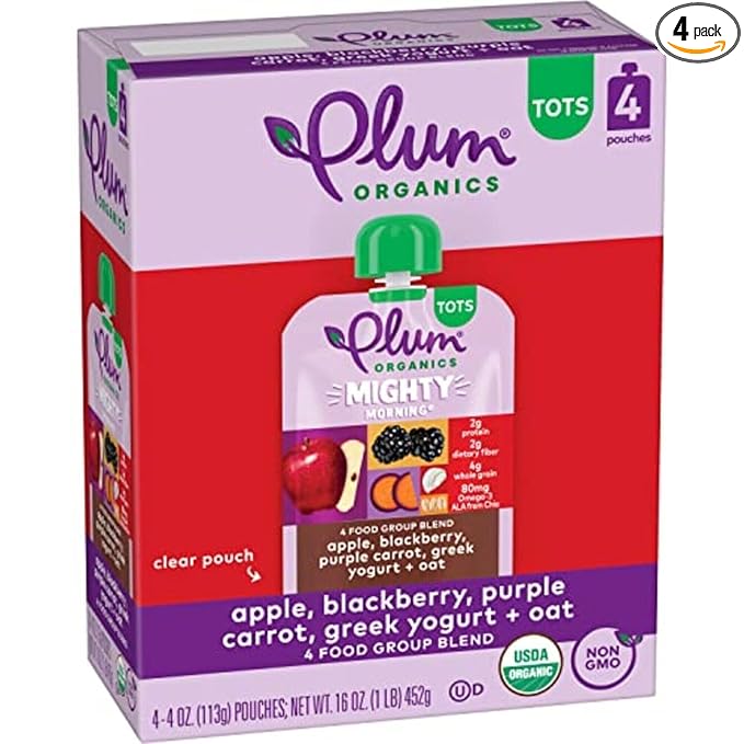 Plum Organics Mighty Morning Organic Toddler Food - Apple, Blackberry, Purple Carrot, Greek Yogurt, and Oat - 4 oz Pouch (Pack of 4) - Organic Fruit and Vegetable Toddler Food Pouch