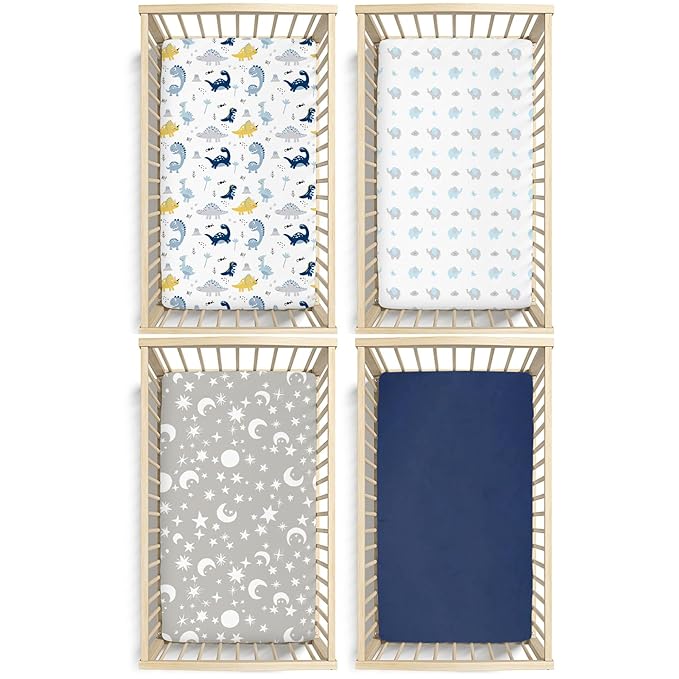 Plushii Crib Sheets for Baby Boys 4 Pack, 28"x 52" Extra Soft Microfiber Crib Sheet Set for Standard Crib & Toddler Mattress Pad, Dinosaur & Elephant & Stars & Navy Blue