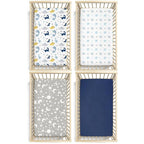 Plushii Crib Sheets for Baby Boys 4 Pack, 28"x 52" Extra Soft Microfiber Crib Sheet Set for Standard Crib & Toddler Mattress Pad, Dinosaur & Elephant & Stars & Navy Blue