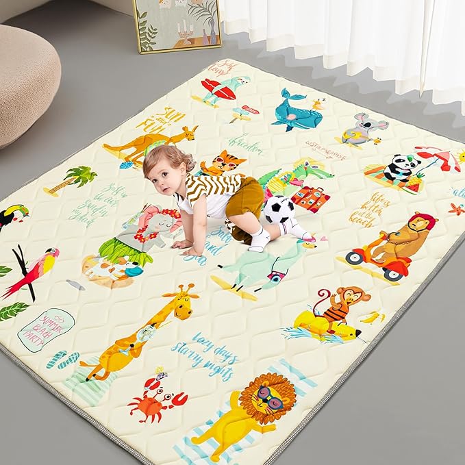 Baby Play Mat - Thicken 71x59 Inch Soft Foam Crawling Mat for Playpen & Floor, Non-Slip Waterproof Playmats for Infants & Toddlers, Portable Foldable & Machine Washable, Beach Animals