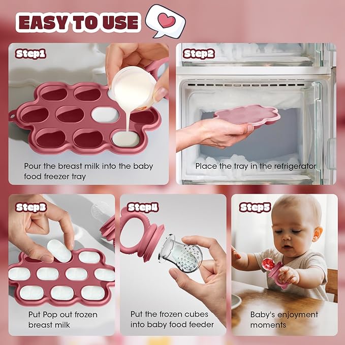 Baby Fruit Food Feeder & Breastmilk Popsicle Molds for Teething Relief, Baby Feeding Sets, 1 Freezer Tray with Lid & 1 Teether Toy & 1 Silicone Teething Pacifier Feeder, Extra Food Pouches (Red)