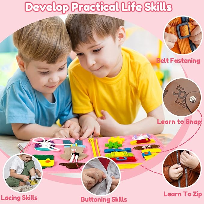 Qizfun Busy Board Book Montessori Toys for 1 2 3 4 Year Old, Girl Birthday Gifts, Educational Sensory Learning Toy for Toddlers 1-3, Car Airplane Travel Activities Toys for Kids Ages 2-4 Year Old