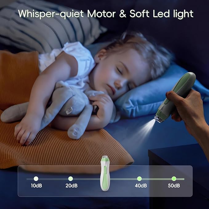 Baby Nail Trimmer Electric, 15 in 1 Baby Nail Clippers for Gentle Nail Care, Rechargeable Baby Nail File Electric with Light &15 Grinding Pads for Infant Toddler, Green