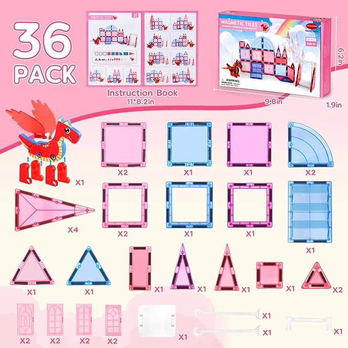 Magnetic Tiles for Kids Age 4-8 with Dragon, 36 Piece Princess Castle Magnet Tiles for Girls, Movable Dragon Toys for 3+, Creative Magnetic Construction Building Set for Class, Xmas Gift for Grandkids