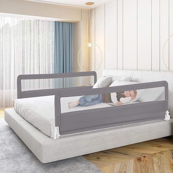 HONEY JOY Bed Rail for Toddlers, 71-in Extra Long, Portable Safety Bed Guardrail w/Double Safety Child Lock, Foldable Baby Bed Rail Guard, Fit King & Queen Full Twin Size Bed Mattress(Gray, Pack 2)