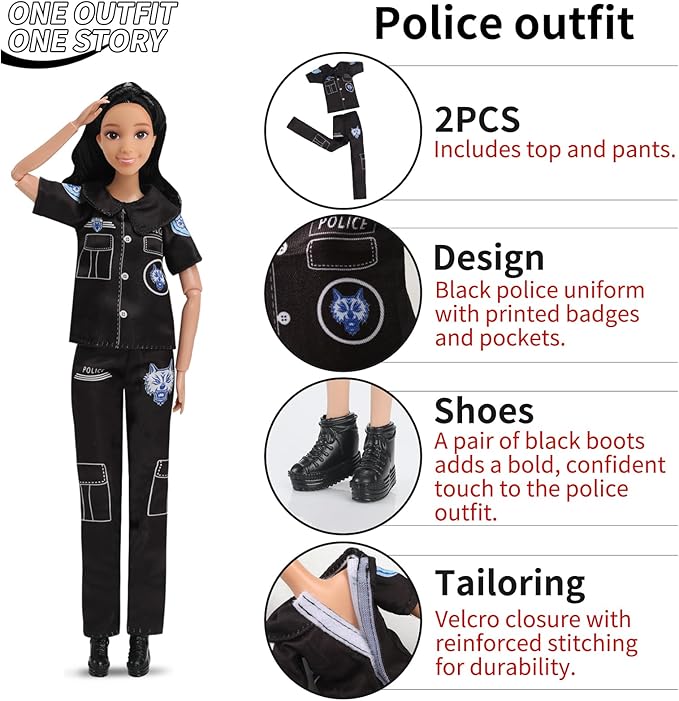 11.5-Inch Themed Doll Clothes & Accessories-Educational Role Play Gift Set for Girls with 1 Doll, 5 Outfits (Doctor, Flight Attendant, Police, Chef, Soccer), 1 Puppy, 5 Shoes, Stands, Headbands
