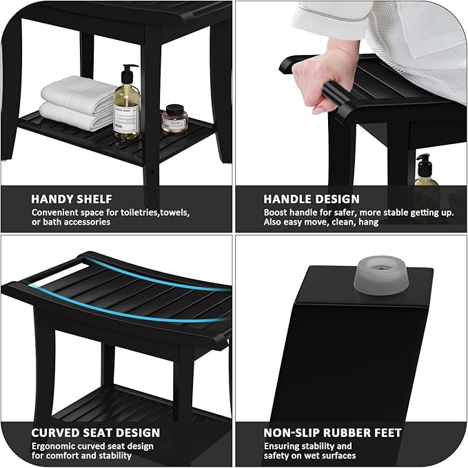 Zhuoyue Bamboo Shower Stool Bench Waterproof with Storage Shelf for Shaving Legs or Spa Bath Seat in Bathroom & Inside Shower for Adults Seniors Elderly (24 x 13.4 x 18.5 inches+Black)