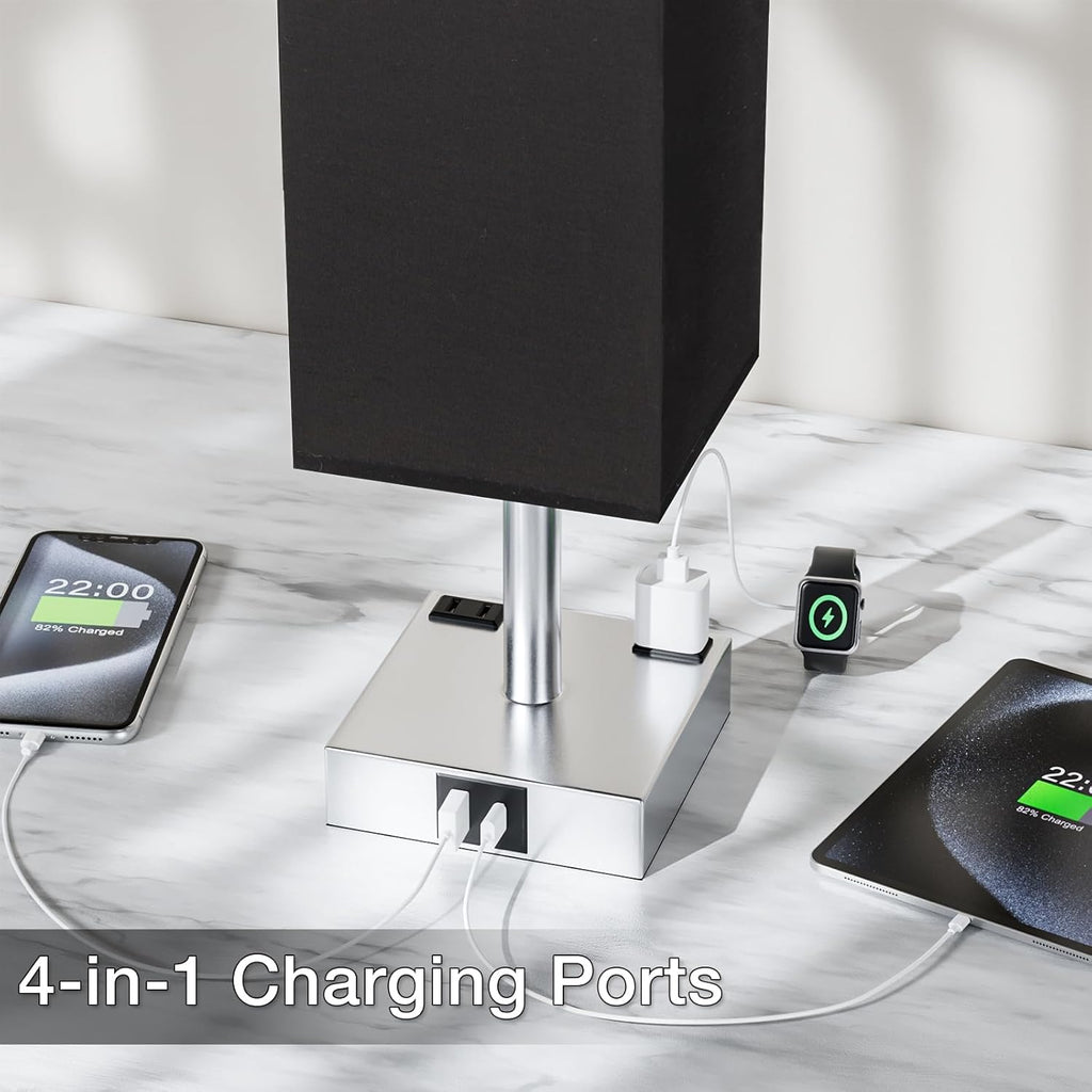 Touch Bedside Table Lamp for Nightstand - 3-Way Dimmable Night Lamp with USB A + Type C Charging Ports and Two AC Outlets, Small Desk Light with E26 LED Bulb for Bedroom Living Room Dorm Office,Black