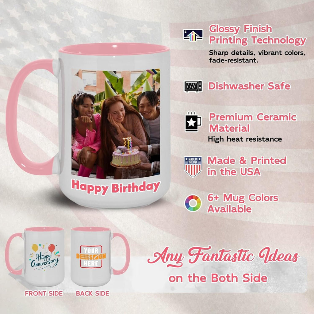 Ship Next Day Custom Mug Design Your Own Photo Text Personalized Picture Gifts for Women Men Customized Gift Idea Personalized Coffee Mugs 15oz Pink Handle