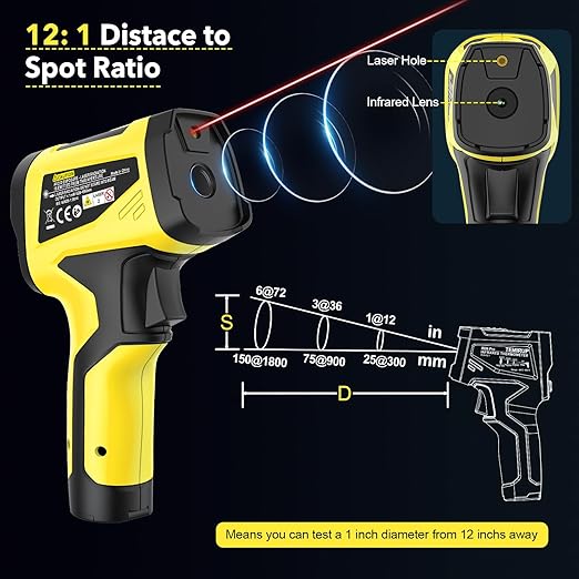 Infrared Thermometer Temperature Gun,-40°F to 1472°F, Non-Contact Digital IR Thermometer Temp Gun with Thermocouple Probe for Cooking, Pizza Oven, HVAC, Engine, Griddle, Adjustable Emissivity