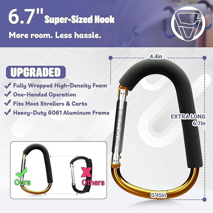 sprookber 6.7 Inch Large Stroller Hooks for Diaper Bags & Purses, Heavy Duty Mommy Hooks for Shopping, Grocery, Backpack – Baby Stroller Accessories, Set of 2 (Gold)