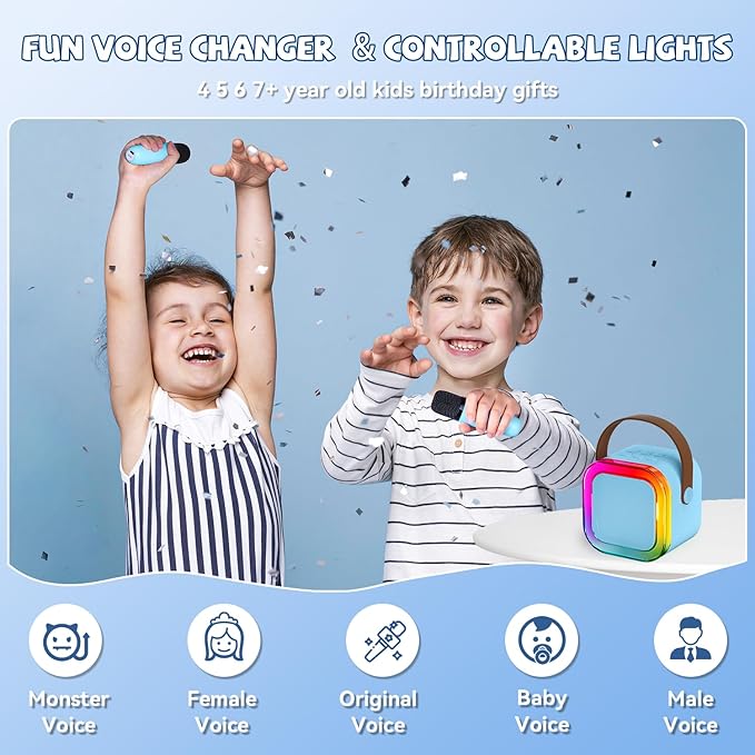 【2025 Newest】 Mini Karaoke Machine for Kids Girls & Boys - Portable Bluetooth Speaker with 2 Wireless Microphones - Kids Birthday Gifts for Ages 4-10 - Kids' Instrument Accessories - Blue