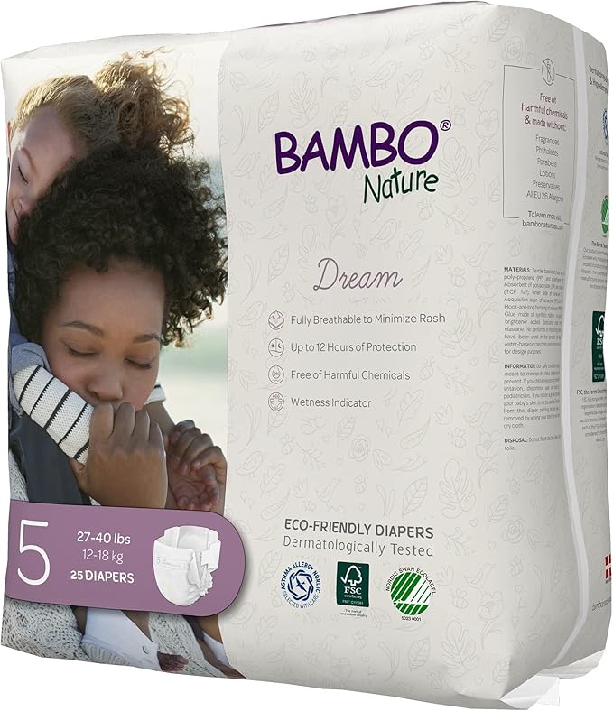 Bambo Nature Hypoallergenic Dream Baby Diapers, Premium Eco-Labeled Sustainable Diapers, Enhanced Leakage Protection, Totally Chlorine-free, Skin Friendly, and Super Absorbent - Size 5 (75 Count)