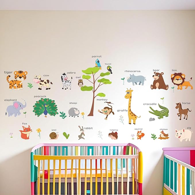 Large Animals Learning Educational Wall Stickers Kids,Nursery Playroom Wall Decals,Daycare Preschool Classroom Wall Stickers Peel and Stick Removable,Cute Wall Decor for Boy,Girl,Toddler,Baby.