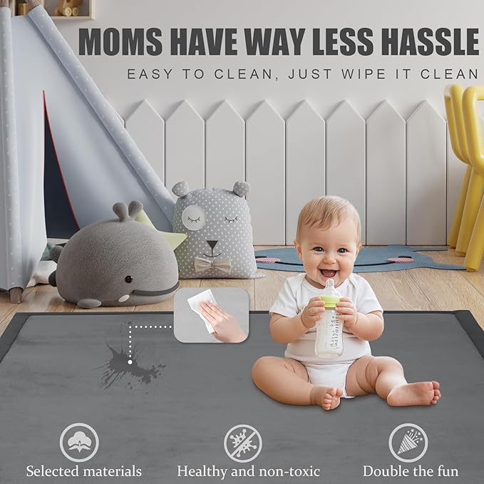 Baby Play Mat for Floor, 1.3"Thick Extra Large Cushioning Memory Foam Playpen Mat, Soft Coral Velvet Baby Crawling Mat with Non-Slip Backing, Baby Nursery Rug for Toddlers, Kids (Dark Grey, 79X59)