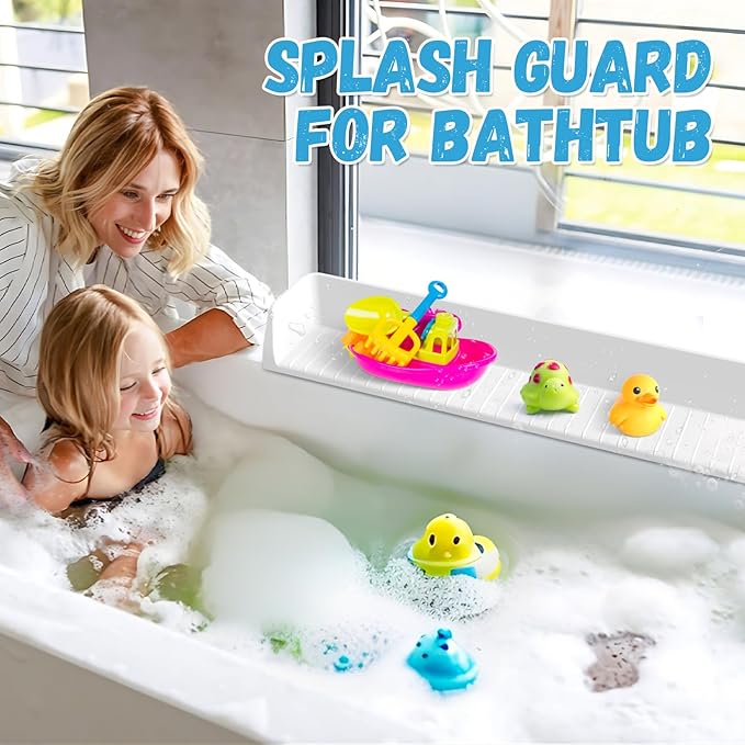 Splash Guard for Bathtub Kids - Silicone Bathtub Splash Guard with 11 Suction Cups, Bath Tub Play Shelf for Kids & Toy Holder, Prevent Water Spill in Bathroom, Fun Bath Time for Toddlers Baby, White
