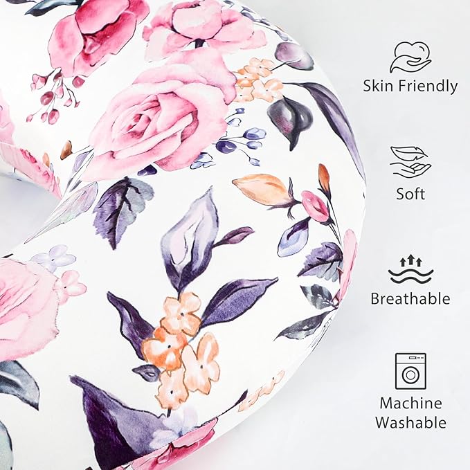 Pea Pod Nursing Pillow Cover for Baby Girl, Stretchy Removable Slipcover for Breastfeeding Pillows, Ultra Soft Comfortable Nursing Pillowcase, Baby Must Have (Pink Floral)