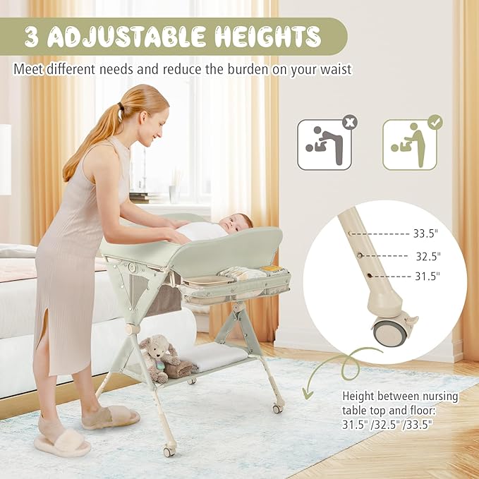 BABY JOY Portable Baby Changing Table, Foldable Diaper Changing Station w/Wheels, Adjustable Height, Large Storage Rack, Water Basin, Safety Belt, Mobile Nursery Organizer for Newborn Infant (Green)