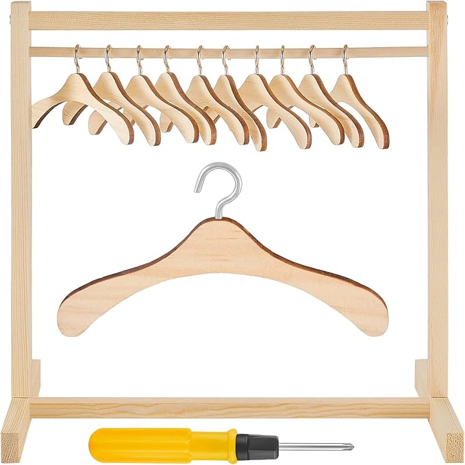 Civaner 22 Pcs Doll Garment Rack with Wooden Clothes Hanger for 18 Inch Girl Doll Clothes Mini Hangers Wardrobe Furniture Accessories for Dollhouse Baby Shower Supplies (Wood)