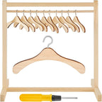 Civaner 11 Pcs Doll Garment Rack with Wooden Clothes Hanger for 18 Inch Girl Doll Clothes Mini Hangers Wardrobe Furniture Accessories for Dollhouse Baby Shower Supplies (Wood)
