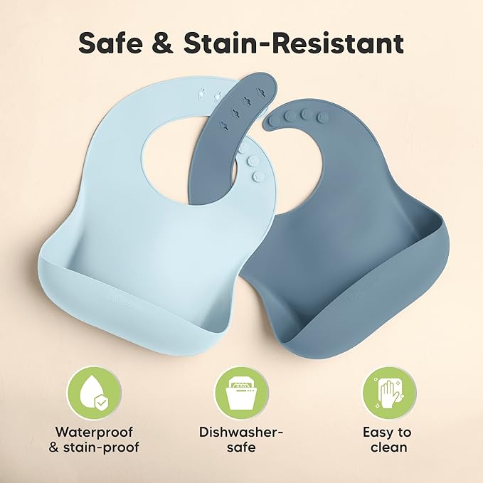 KeaBabies 2-Pack Silicone Baby Bibs for Eating - Sturdy Food-Grade Silicone Bibs for Babies Girl, Boy, Large Food Catcher, Clean & Put On Easily, Waterproof Toddler Feeding Essentials (Ocean)