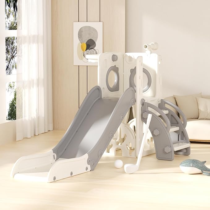 KORIMEFA 7 in 1 Toddler Slide, Kids Slide for Toddlers Baby 1-3 Years Old, Indoor and Outdoor with Basketball Hoop & Golf Set, Plastic Slides for Kids Easy Assembly, Grey