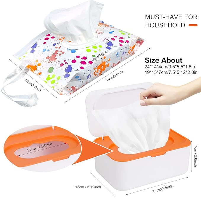 8Pcs Baby Wipes Dispenser, Reusable Baby Wipe Holder Box and Portable Wet Wipes Pouch, Refillable Wipes Pouch Case Container with Lid for Bathroom Baby Nursery Kitchen Office Travel (Grey+Orange)
