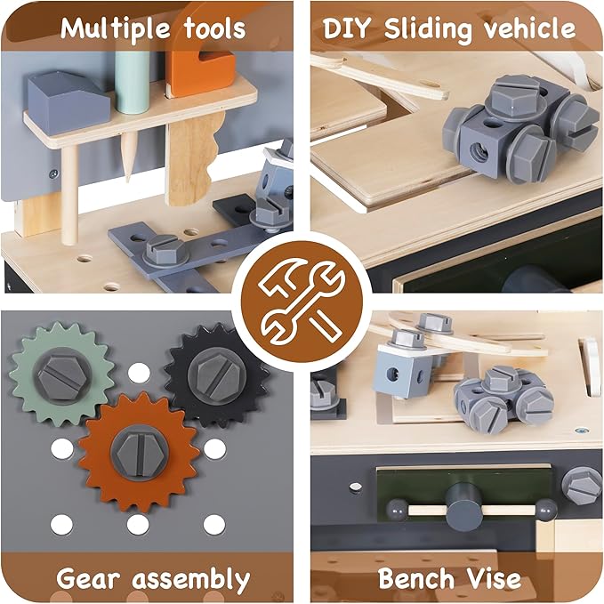 Wooden Toy Workbench for Kids, Construction Workshop Tool Bench Toys,51 Pieces Toy Tools Set w/Storage Space, Educational Gift for Girls & Boys Children 3+Years