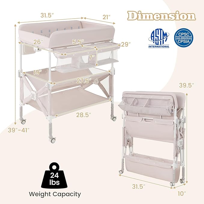 BABY JOY Portable Baby Changing Table, Foldable Waterproof Diaper Changing Station w/Wheels, Adjustable Height, Storage Basket, Shelves & Trash Bin, Mobile Nursery Organizer for Newborn Infant, Beige