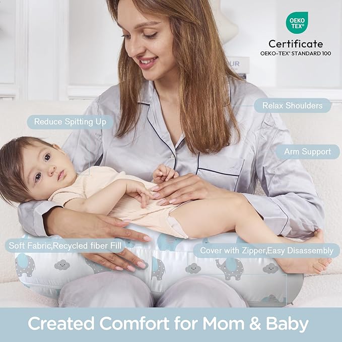 Little Grape Land New Nursing Pillow for Breastfeeding, Larger Breast Feeding Pillow and Positioner with Removable Cover for More Support, Tummy Time and Bottle Feeding Support Pillow, Blue Elephant