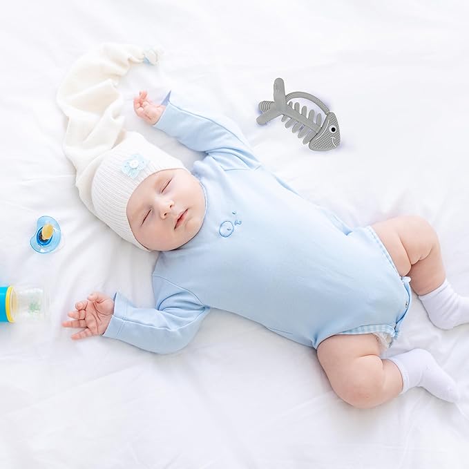 Infant Toys, Teething Toys for Babies 0-6 Months, Baby Teether 3D Fish Hand Pacifier Silicone, Soft-Textured Newborn Infants Baby Toys for Teething Relief 6-12 Months, USA Patent Pending(Grey)