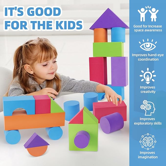 Large Building Foam Blocks for Toddlers, EVA Stacking Foam Building Blocks Toy Set, Non-Toxic, Washable, Early Learning Construction Toys & Gifts for Kids Boys & Girls (Blue, Pieces, 30)