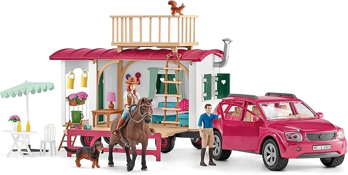 Schleich Horse Club - 113PC Interactive Camping Trip - Car and Camper Caravan Playset with Horse and Rider Figures, Dog Figurine and Accessories for Girls, Boys - Realistic Kids Toys Ages 5+ | 72205
