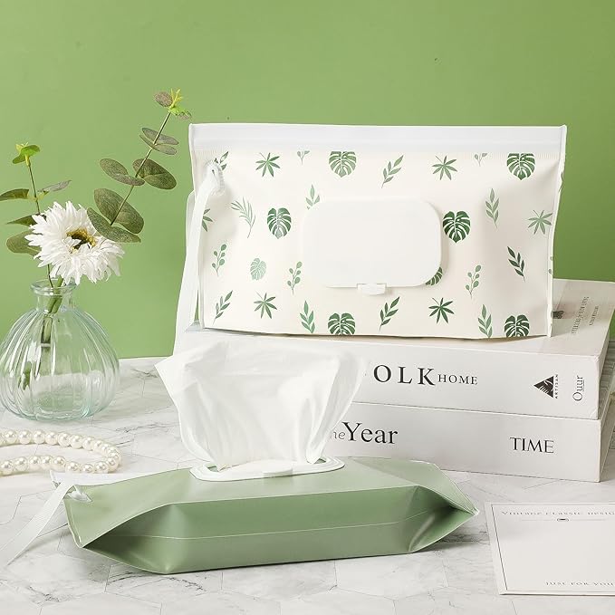 FEBSNOW 2 Pack Baby Wipes Dispenser Holder, Portable Refillable Baby Wet Wipes Pouch Container Reusable Travel Case for Outdoor Hiking, Green Leaves