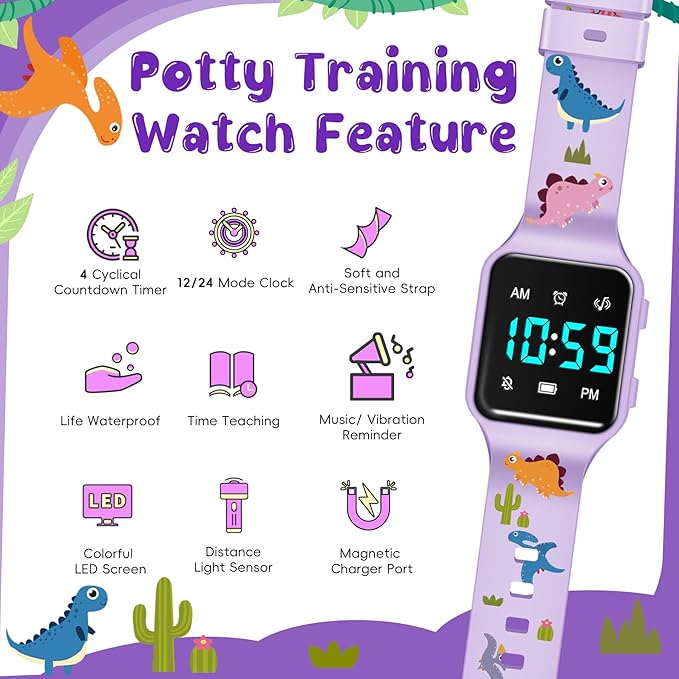 Potty Training Watch for Toddlers & Kids with Countdown, Flashing Lights, Fun Music or Vibration Alerts - Waterproof Interactive Toilet Training Reminder for Boys & Girls Ages 2-9
