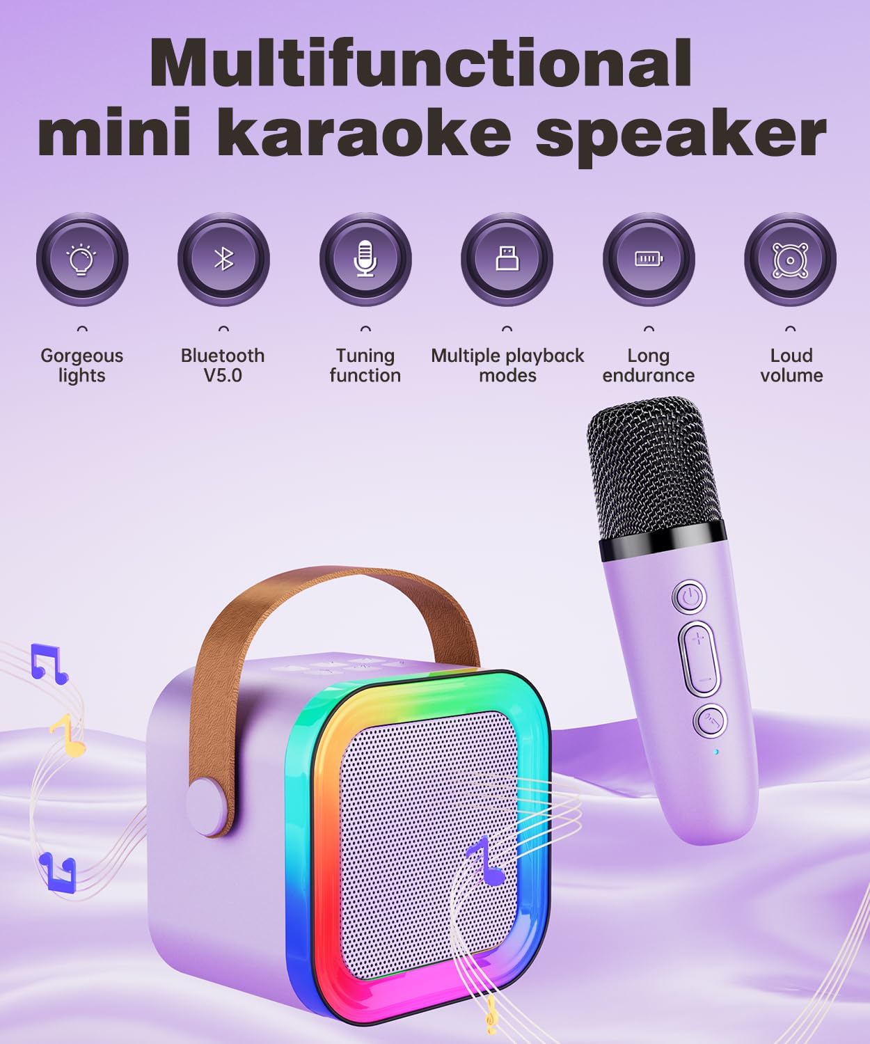 Mini Karaoke Machine Speaker for Kids Adults,Portable Bluetooth with 1-2 Wireless Microphones,Christmas Birthday Gifts Toys Girls Boys Ages 4, 5, 6,7, 8,9,10,11,12+ Years Old Toddler (Purple - 2 Mic)