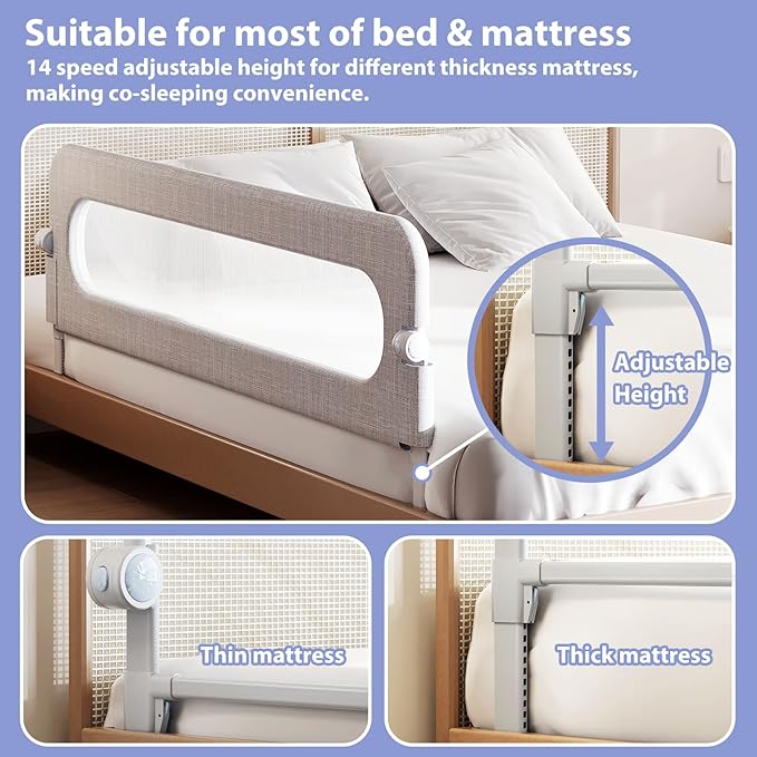 Toddler Bed Rail Guard for Baby - Toddlers Bed Rail for Queen Full King Twin Crib Bunk Size Bed Adjustable Heights & Foldable Portable Bedrail Extra Tall Child Safety Side Railing Guards for Kids(59")