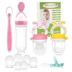 WAJIAYON Baby Fruit Feeder Pacifier | 2 Infant Food Feeder Pacifier & 1 Baby Food Dispensing Spoon | Mesh Fresh Fruit Teethers for Babies Teething Feeders | Shower Gifts for Boys and Girls (Pink)