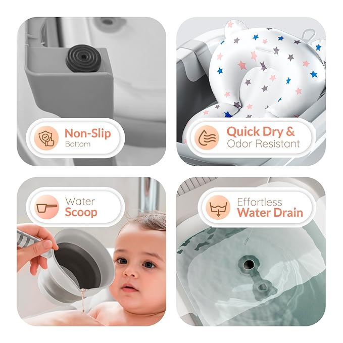 Collapsible Bathtub Baby for Infants & Newborns w/Thermometer, Drain Plug with Heat Sensor & Scoop – Compact Travel Baby Bath Space-Saving Bath for Travel, Shower & Small Bathrooms
