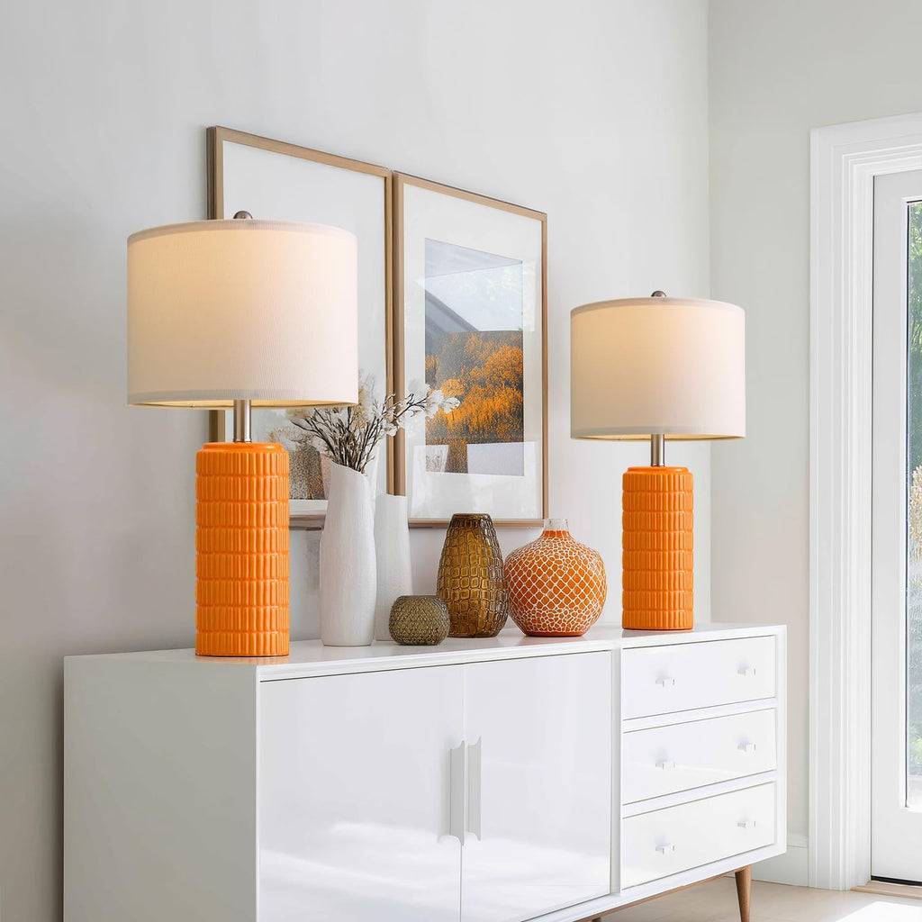 PoKat 23" Orange Table Lamps Decor for Living Room Set of 2, Modern Living Room Lamps for End Table, Ceramic Table Lamps for Bedroom, Contemporary Nightstand Lamps for Home Bedroom Decor
