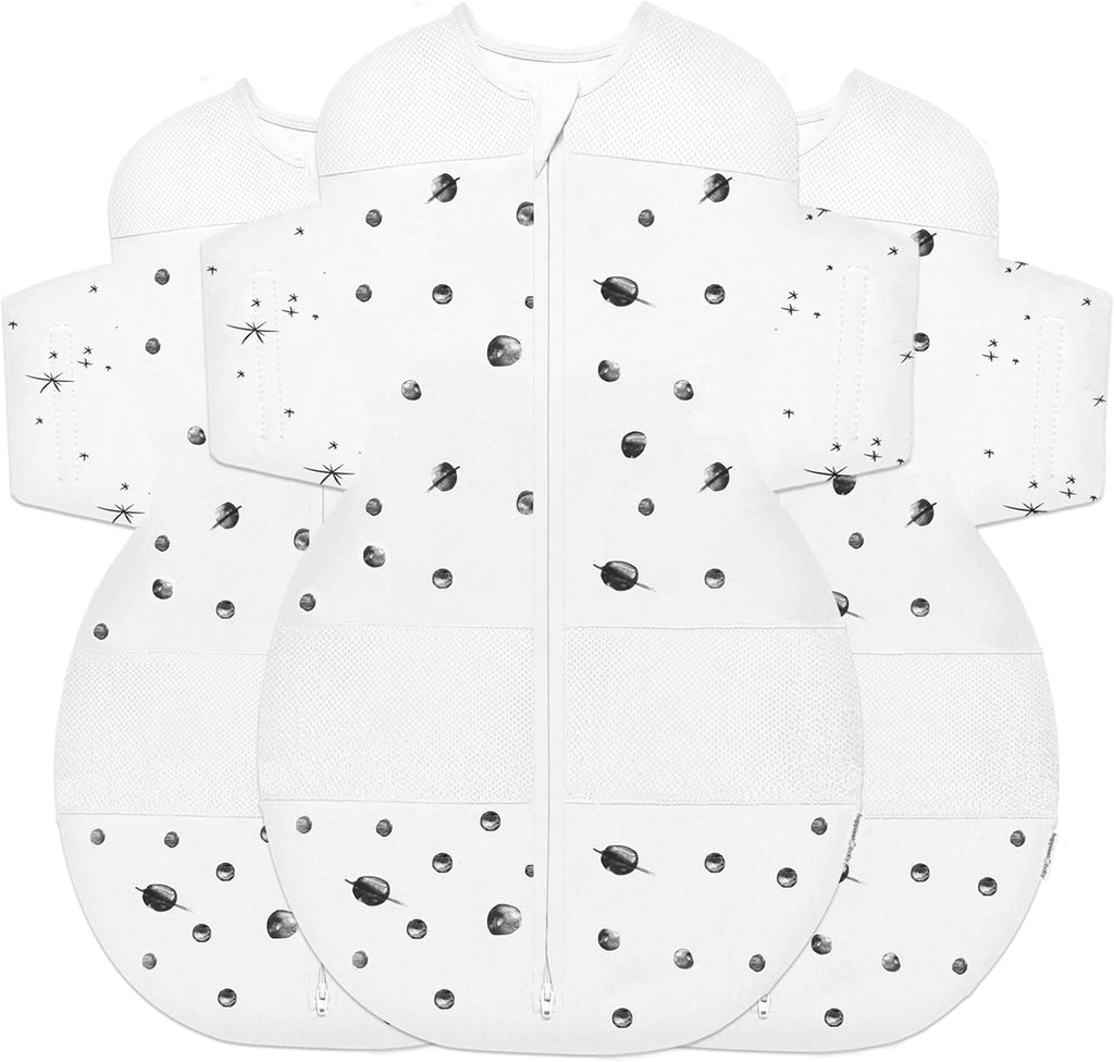 Happiest Baby SNOO Sleep Sack - 100% Organic Cotton Baby Swaddle Blanket - Doctor Designed Promotes Healthy Hip Development - 3-Pack Bundle (Ivory Planets, S, M, L)