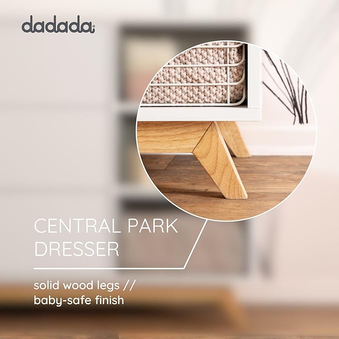 dadada Central Park 3-Drawer Dresser with Open Shelving - Modern Design, Baby-Safe Finish, Forged Steel Support, Sturdy Wood Legs, for Nursery, Kids or Teen Room, 47” Wide (White+Natural)
