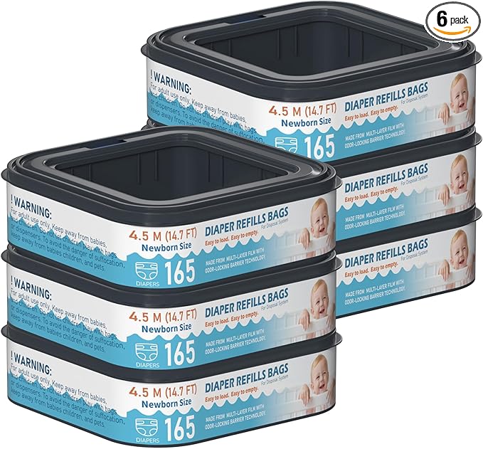 Square Starter Refills Disposal Bags Refill Compatible with Diaper Genie Classic, Compact and Select Pails, Hold Up to 165 Newborn-Sized Diapers Per Refill, 6 Pack