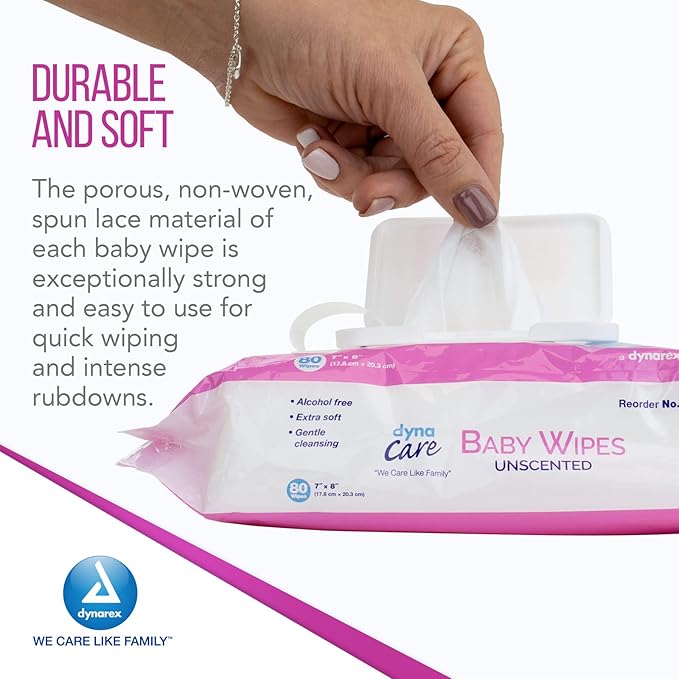Dynarex Baby Wipes - Non-Alcohol Wipes for Babies with Lanolin & Aloe to Moisturize Skin - Sticker-Sealed Soft Pack - Unscented - 7x8", 80 Wet Wipes per Pack, 24 per Case