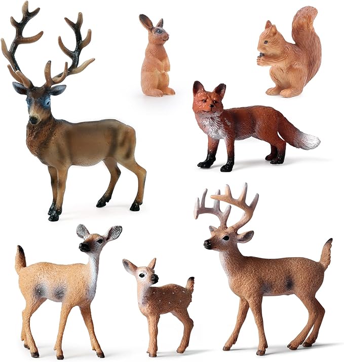 SIENON 7Pcs Forest Animals Figures Toys, Miniature Woodland Figurines with Deer Family, Elk, Fox, Rabbit, Squirrel for Kids Christmas Birthday Party Gift Cake Decorations Educational Project Diorama
