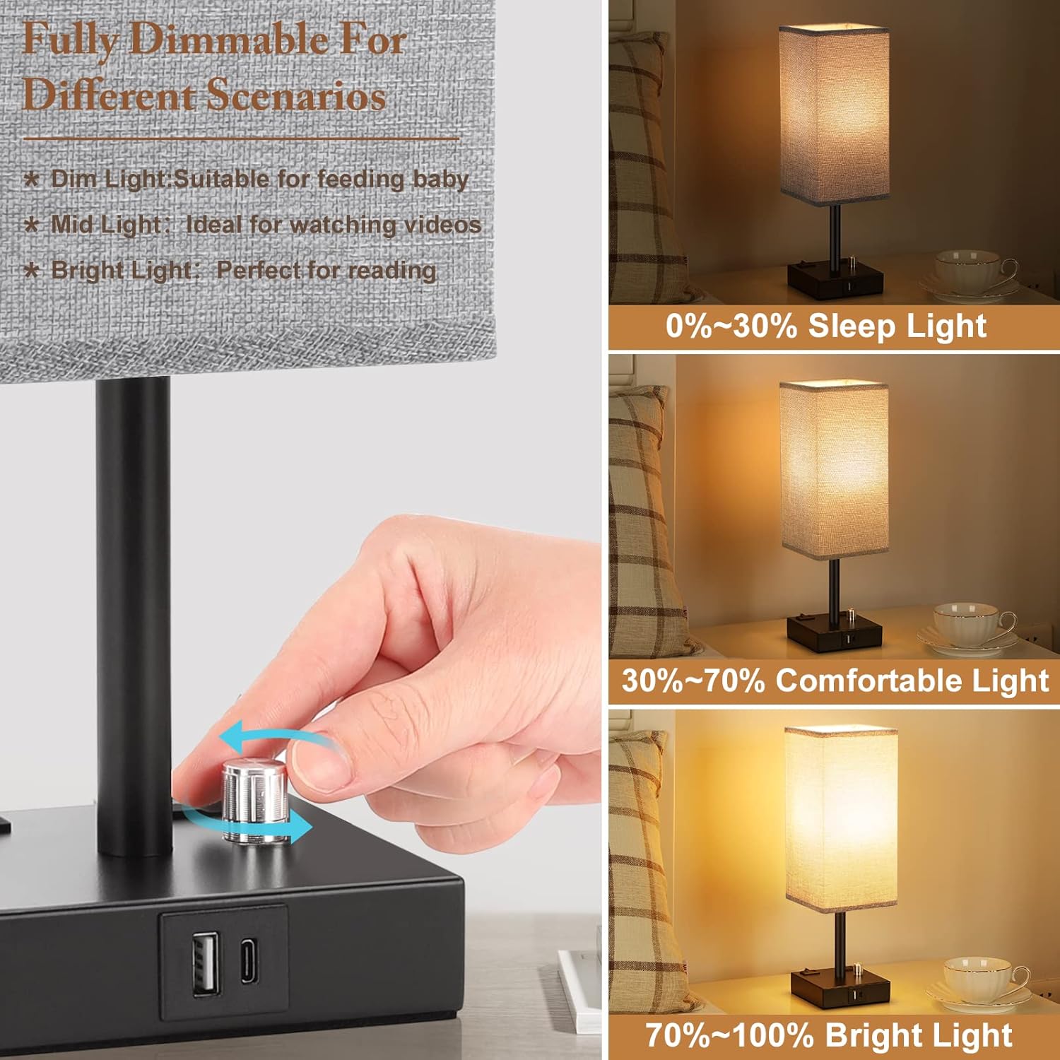 Gray Fully Dimmable Nightstand Lamps Set of 2 - Table Bedside Lamp with USB C+A Charging Ports & 2 AC Outlets, Square Lamp Sets Linen Fabric Shade for Bedroom Living Room(Bulb Included)