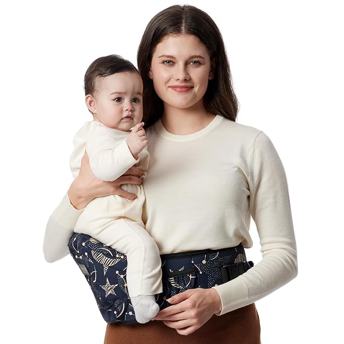 Momcozy Hip Seat Baby Carrier - Adjustable Waistband with Original 3D Belly Protector, Ergonomic Carrier with Various Pockets for Newborns & Toddlers up to 45lbs (Starry Sky, Medium)