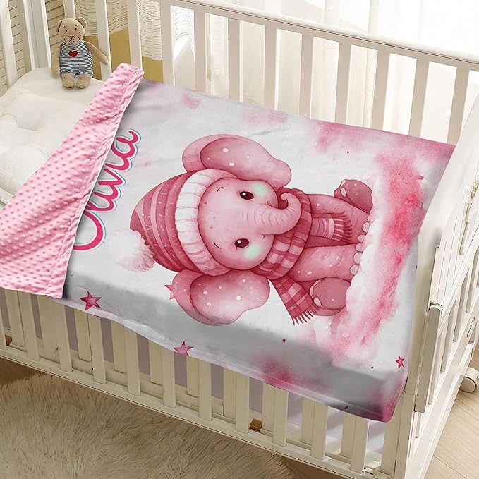 Personalized Baby Blankets for Girls, Custom Name Pink Elephant Pattern Baby Blanket, Soft Minky Dot Blanket for Newborns and Toddlers, Ideal for Baby Showers Christmas Brithday Gifts
