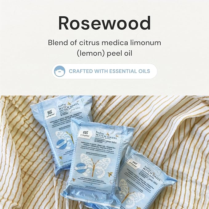 Grab Green Baby Witch Hazel Soothing Wipes, 32 Wipes, Dreamy Rosewood Scent, Plant and Mineral Based, Biodegradable, Soothe Common Skin Irritations Such as Diaper Rash, No Alcohol, Packaging May Vary