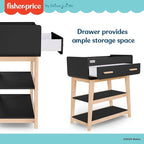 Fisher Price by Dream On Me Baby Changing Table, Matte Black Vintage Oak – Greenguard Gold & JPMA Certified, Wooden Nursery Dresser with Storage Shelves – Compact, Sturdy & Easy-to-Clean Design